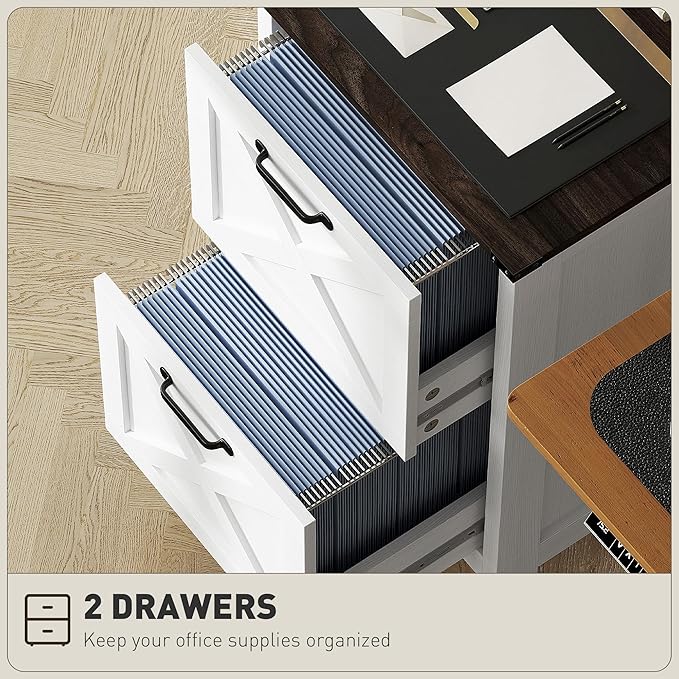 HOMCOM 2 Drawer Vertical File Cabinet with Silent Slides, Rustic Farmhouse Filing Cabinet with Barn Doors for A4/Letter Size, Printer Stand with Storage for Home Office, Distressed White