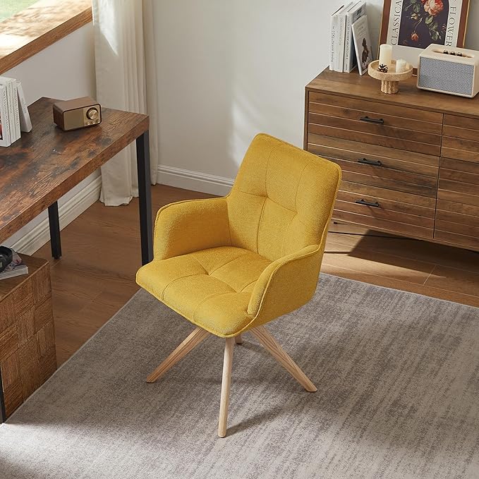 Art Leon Mid Century Modern Desk Chair - Fabric Upholstered Office Chair No Wheels, Swivel Armchair with Oak Wood Legs for Small Space Living Room Bedroom, Set of 2, Yellow
