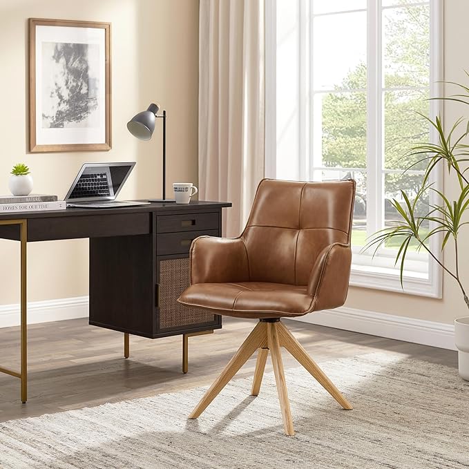 Art Leon Desk Chair No Wheels - Mid Century Modern Swivel Accent Chair, Genuine Leather Upholstered Office Chair with Oak Wood Legs for Small Space Living Room Bedroom, Brown