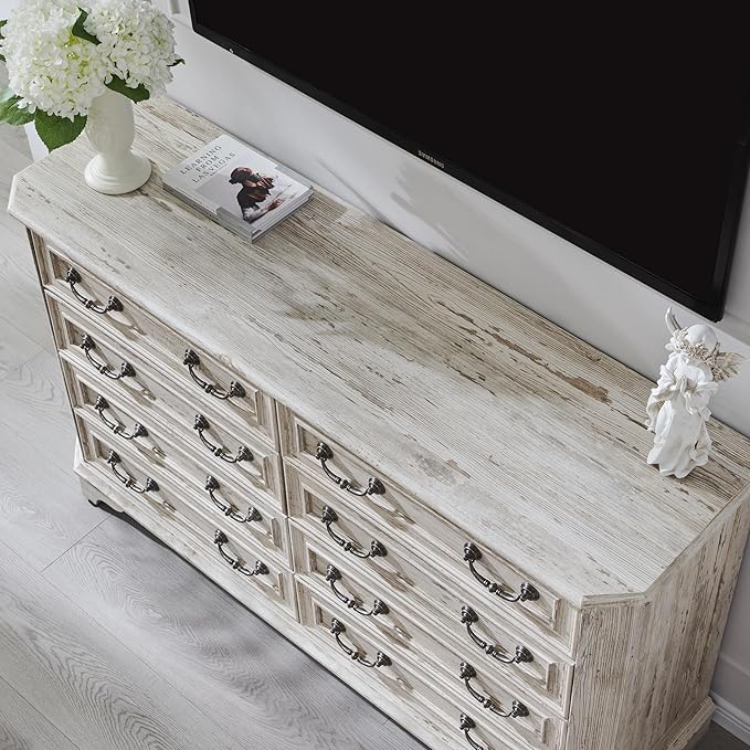 T4TREAM Farmhouse 8 Drawers Dresser for Bedroom, 54" Wide Wood Rustic Chest of Drawers with Natural Texture, Vintage Design, Storage Dressers Organizer for Bedroom, Living Room, Distressed White