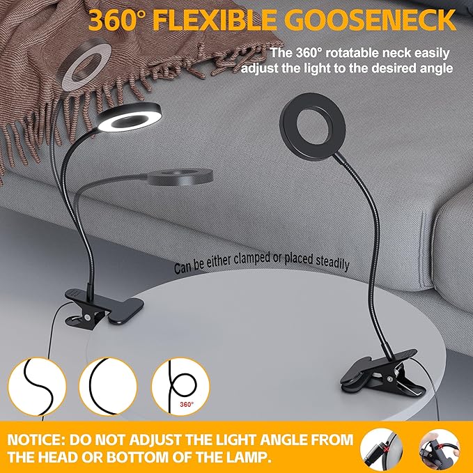 Foneso Desk Lamp Clip on Light, 48 LED USB Lamp with 3 Color Modes 10 Brightness Levels, 360° Flexible Gooseneck Eye Protection Bed Night Light for Reading, Makeup, Craft (Black)