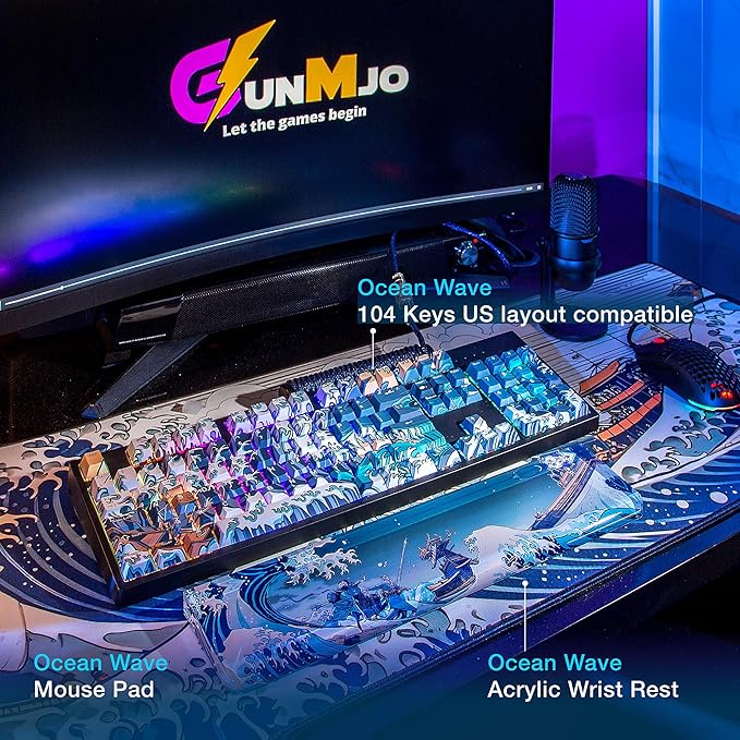 GUNMJO Ocean Wave PBT Dye-Sublimation Keycaps+Acrylic Wrist Rest+Gaming Mousepad Bundle