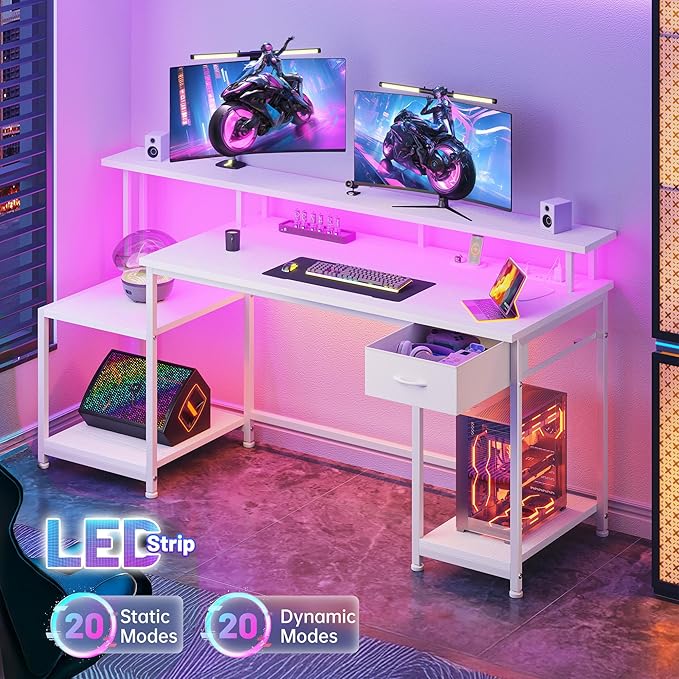 55" W Computer Desk, Office Desk with LED & Power Outlet, Gaming Desk with Printer Storage Shelves & Storage Drawer, Study Table with Monitor Shelf, Dorm Room Essentials, White