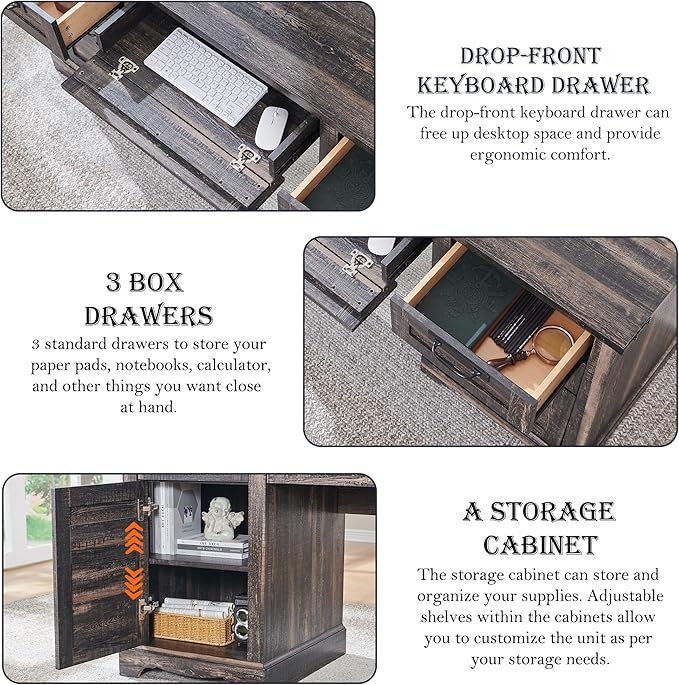 RedLemon 60" Farmhouse Desk with Hutch, Wood Home Office Executive Desk with Drawer, Charging Station, Keyboard Tray, File Drawer, Storage Cabinet, Rustic Writing Computer Desk (Dark Rustic Oak)