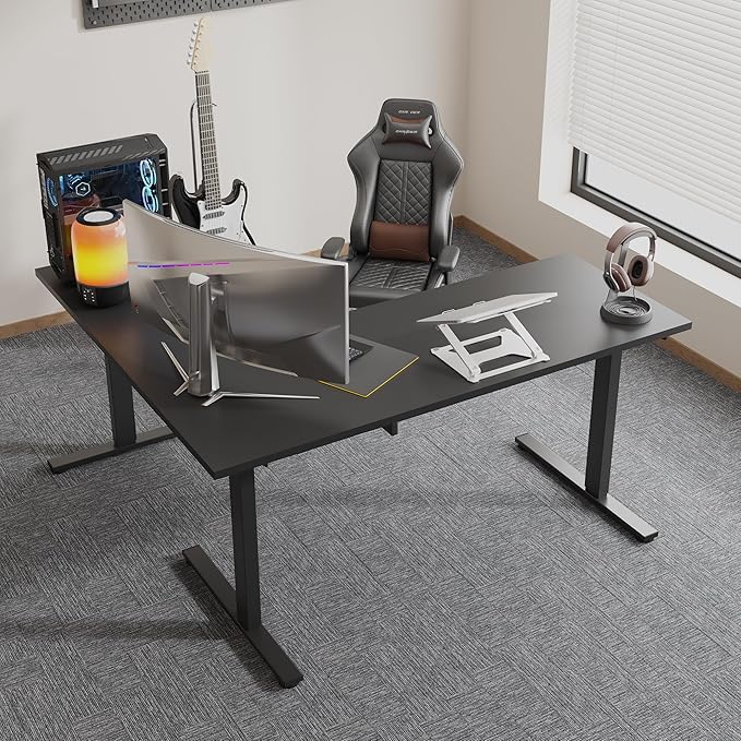 SANODESK Electric Corner L-Shaped 71 x 63 in Standing Desk, Memory Height Adjustment, Black Top Black Frame