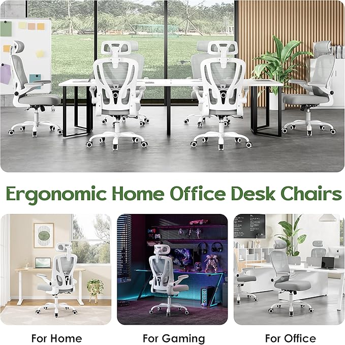 Office Chair Ergonomic Desk Chair - Mesh High Back Office Chair with Headrest Wheels Lumbar Support Home Desk Office Chairs Flip up Armrest Executive Rolling Swivel Task Computer Chair White