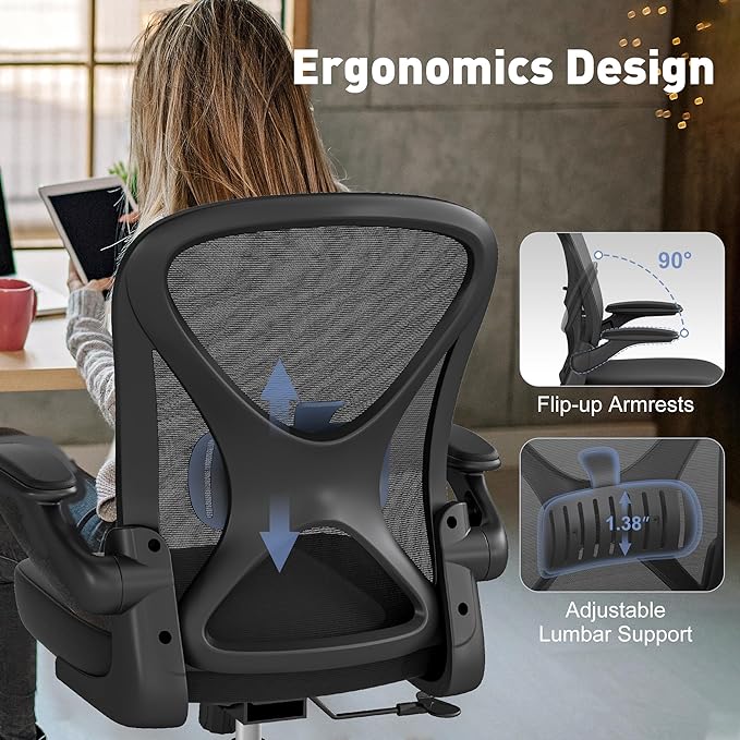 ZZH Mesh Office Chair with Adjustable Lumbar Support, Ergonomic Home Office Desk Chair with Wheels and Flip-up Arms, Black
