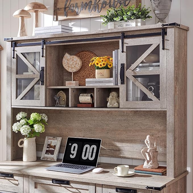RedLemon 60" Farmhouse Desk with Hutch, Wood Home Office Executive Desk with Drawer, Charging Station, Keyboard Tray, File Drawer, Storage Cabinet, Rustic Writing Computer Desk (Light Rustic Oak)