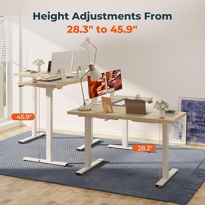 L-Shaped Standing Desk, 63 x 47 Inches Height Adjustable Desk with Storage, Sit and Stand up for Work Office Home, Ergonomic Rising Computer Table for Home Office with Splice Board, Maple