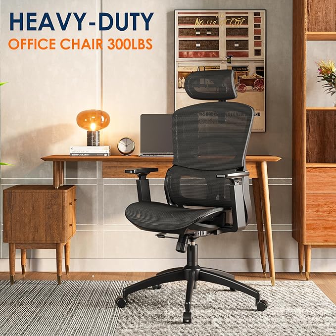 GABRYLLY Ergonomic Office Chair, High-Back Desk Chairs with Adjustable Lumbar Support, Headrest, Tilt Function, Soft Wide Seat and 3D Armrest, 300 LBS Sturdy Home Mesh Chair Task Chairs, GY1070