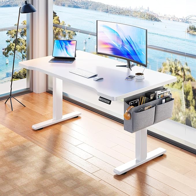 EnHomee 48 x 24 Inches Electric Standing Desk with Light Strip, Stand up Desk with Memory Preset, Height Adjustable Desks for Work Home Office, Computer Desks with Detachable Side Mount Pocket, White