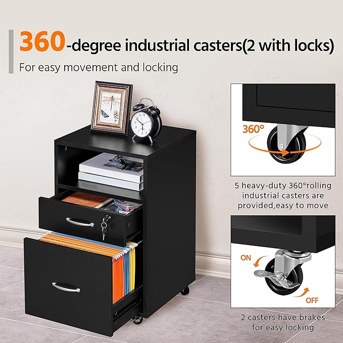 Yaheetech File Cabinet, Under Desk Vertical Cabinet with 2 Drawers and Open Compartment, Printer Stand with Lockable Wheels for A4 Letter Size Hangable File Folders for Home Office(Black)