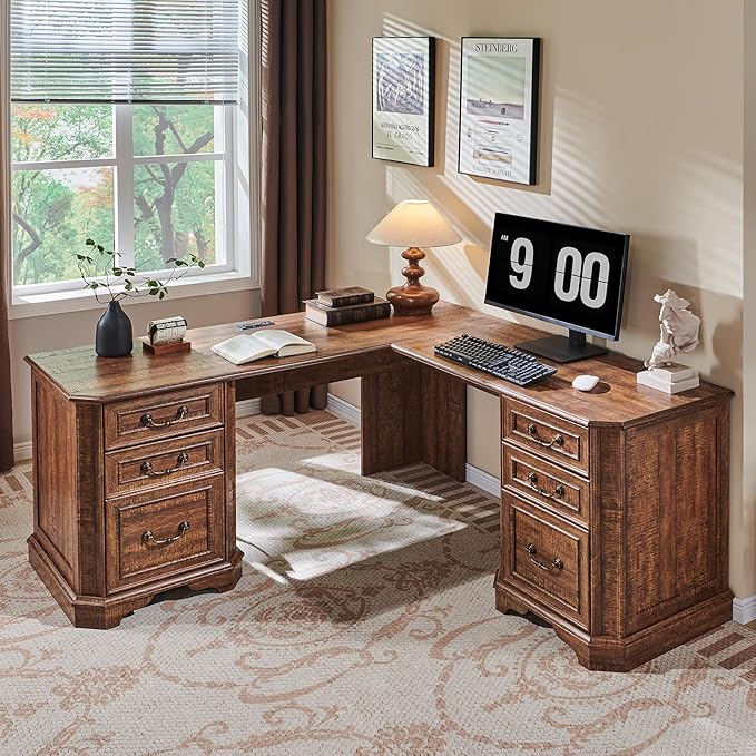 T4TREAM 59" Executive L Shaped Desk with Drawers,Farmhouse Wood Computer Coner Desk,Featuring Charging Station,File Drawer, Storage Cabinet,for Home Office Work and Study (Reclaimed Barnwood)