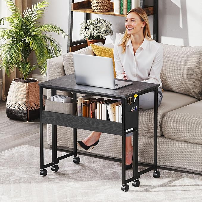 HOMCOM Small Folding Desk, Rolling Computer Desk Foldable with Storage Bag and Shelf, 31.5" Portable Writing Table on Wheels for Small Spaces, Home Office, Study, Easy Assembly, Black