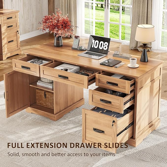 Whalefall 55'' Farmhouse Desk Home Office with Drawers, Executive Computer Desk Wooden with File Cabinet and Charging Station, Light Walnut