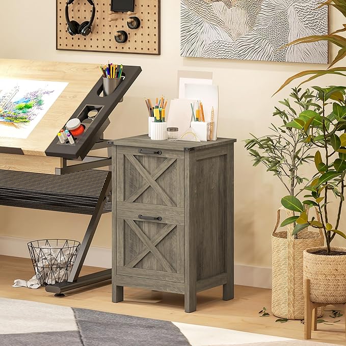 HOMCOM 2 Drawer Vertical File Cabinet with Silent Slides, Rustic Farmhouse Filing Cabinet with Barn Doors for A4/Letter Size, Printer Stand with Storage for Home Office, Distressed Gray