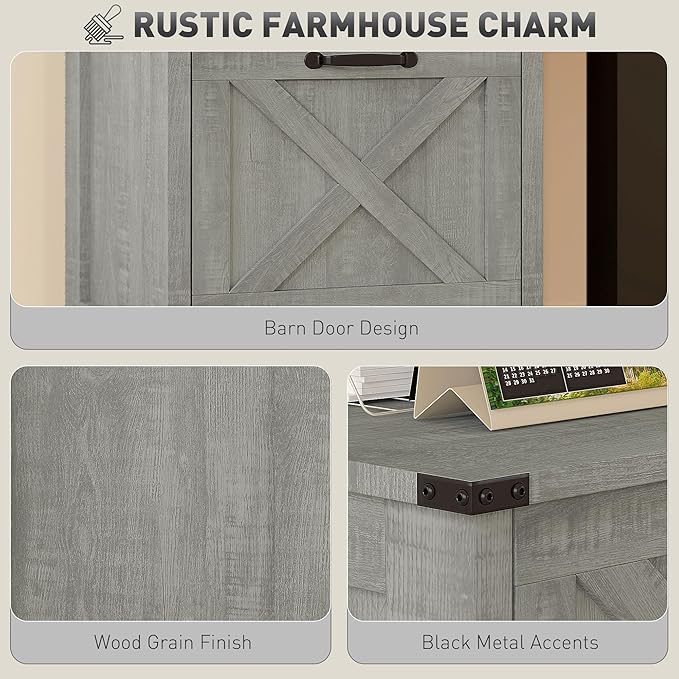 HOMCOM 2 Drawer Vertical File Cabinet with Silent Slides, Rustic Farmhouse Filing Cabinet with Barn Doors for A4/Letter Size, Printer Stand with Storage for Home Office, Distressed Light Gray