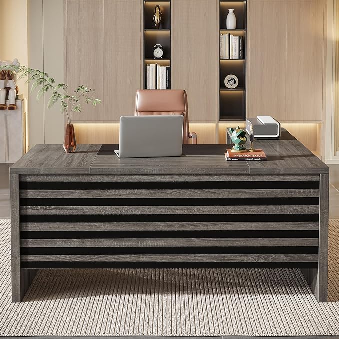 Tribesigns 62.2" Executive Desk with Mobile File Cabinet, L-Shaped Office Desk with Storage Shelves, Large Computer Table Business Workstation Set for Home Office, Grey