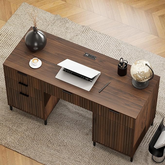 Modern Fluted Executive Desk with File Drawer, 55" Large Computer Desk with Storage and Charging Station, Wooden Home Office Desk for Workspace, Writing, Study, Brown