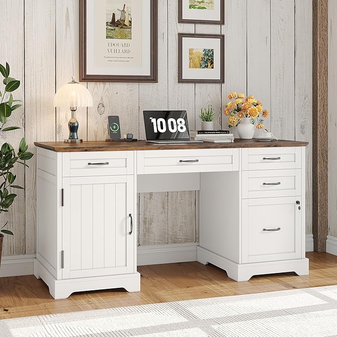 Whalefall 55'' Farmhouse Desk Home Office with Drawers, Executive Computer Desk Wooden with File Cabinet and Charging Station, White