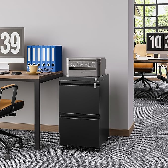 Rolling File Cabinet with Lock, 2 Drawer Metal Mobile Office Filing Cabinet Under Desk for Legal/Letter Size(Assembly Required)
