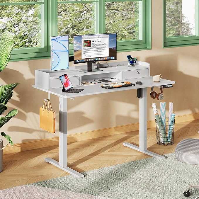 DEVAISE 48×24 Inch Electric Standing Desk with Drawers, Computer Desk with 3 Adjustable Height, Storage Shelf, Built-in AC & USB Outlets and Memory Preset, Sit to Stand Desk for Home Office, White