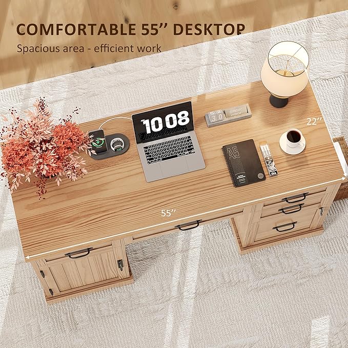 Whalefall 55'' Farmhouse Desk Home Office with Drawers, Executive Computer Desk Wooden with File Cabinet and Charging Station, Light Walnut