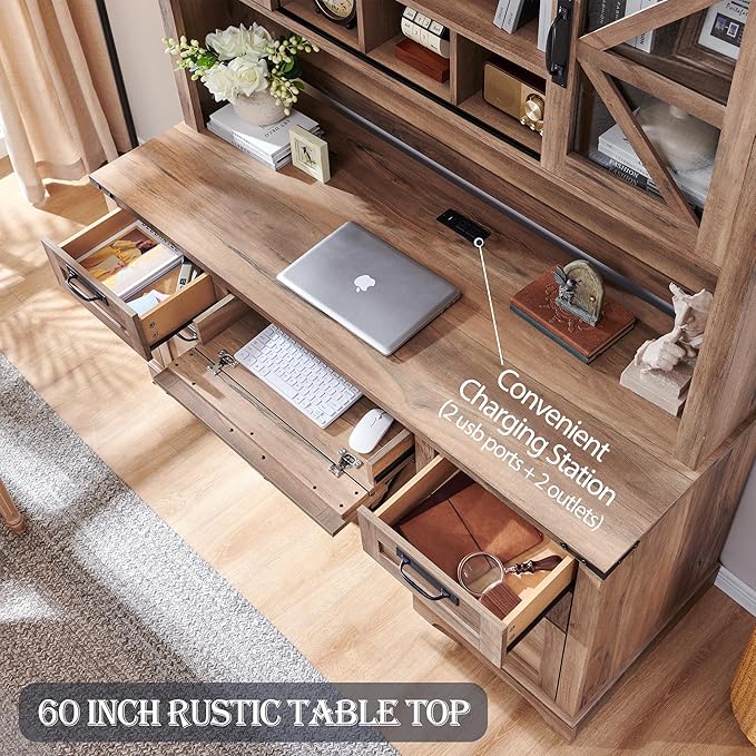 RedLemon 60" Farmhouse Desk with Hutch, Wood Home Office Executive Desk with Drawer, Charging Station, Keyboard Tray, File Drawer, Storage Cabinet, Rustic Writing Computer Desk (Natural Oak)