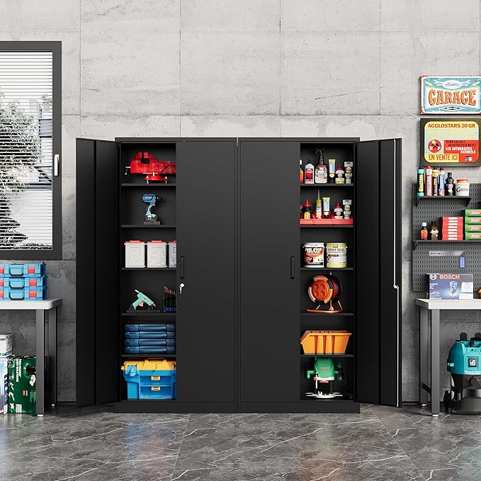 Metal Storage Cabinet-72” Tall Steel File Cabinet with Lockable Doors and Adjustable Shelves-Black Steel Storage Cabinet for Home, School, Office, Garage