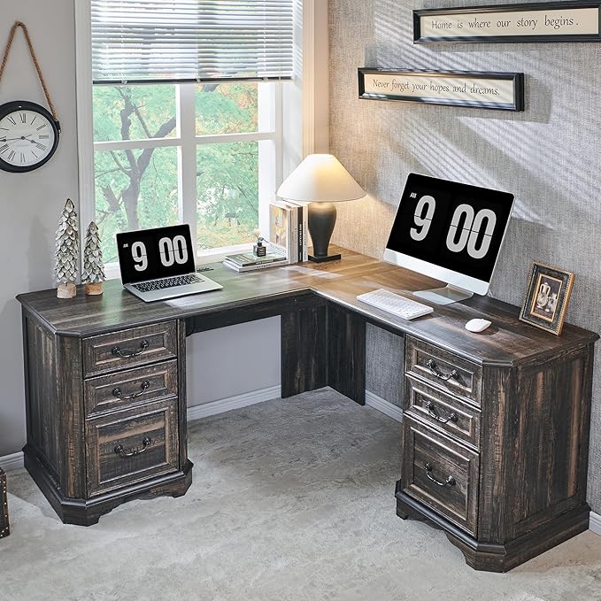 T4TREAM 59" L Shaped Executive Desk with Drawers,Farmhouse Wood Computer Desk, Featuring Charging Station,File Drawer, Storage Cabinet,for Home Office Work and Study (Dark Rustic Oak)