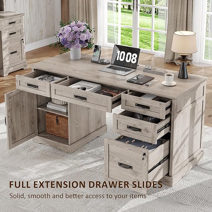 Whalefall 55'' Farmhouse Desk Home Office with Drawers, Executive Computer Desk Wooden with File Cabinet and Charging Station, White Wash Gray