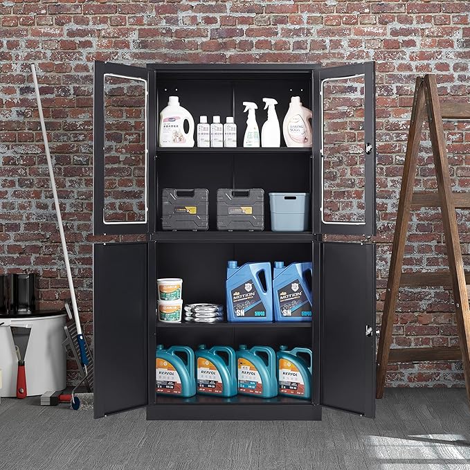 STANI Black Metal Cabinet, Locking Steel Storage with Shelves, Tall Metal Utility Cabinet 2 Doors, Lockable Steel Cabinets for Home Office (4 Doors, Black)
