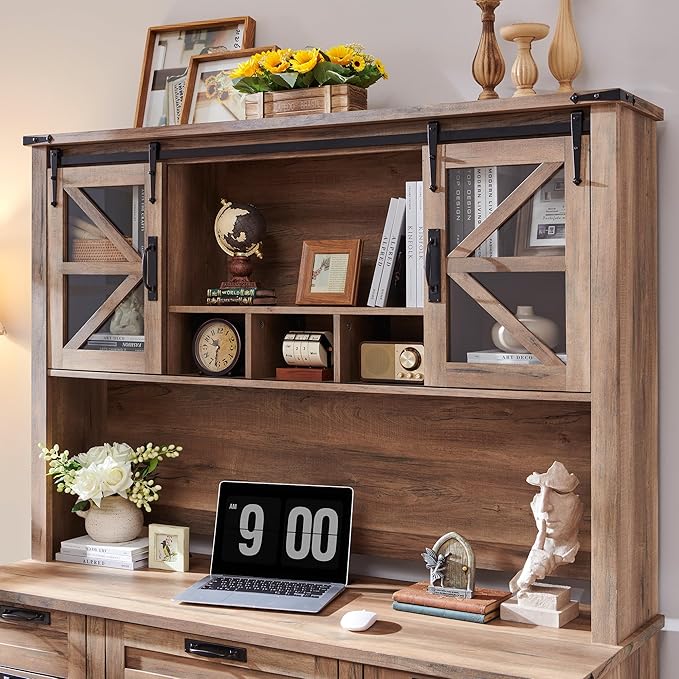 RedLemon 60" Farmhouse Desk with Hutch, Wood Home Office Executive Desk with Drawer, Charging Station, Keyboard Tray, File Drawer, Storage Cabinet, Rustic Writing Computer Desk (Natural Oak)