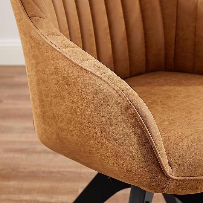 Art Leon Office Chair No Wheels, Mid Century Modern Desk Chair, Swivel Accent Chair with Oak Wood Legs, Faux Leather Upholstered Armchair for Desk, Brown