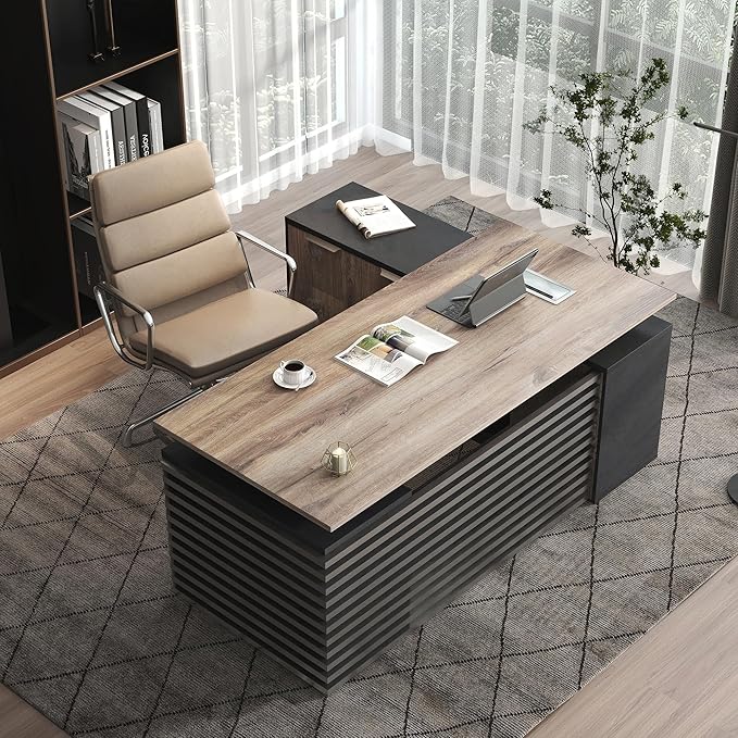 70.87IN Adjustable Heigh L Shaped Executive Desk with Drawers, Modern Executive Standing Home Office Desk w/Universal Charging Ports, Large Business Workstation w/Cord Management,Black and Warm Oak