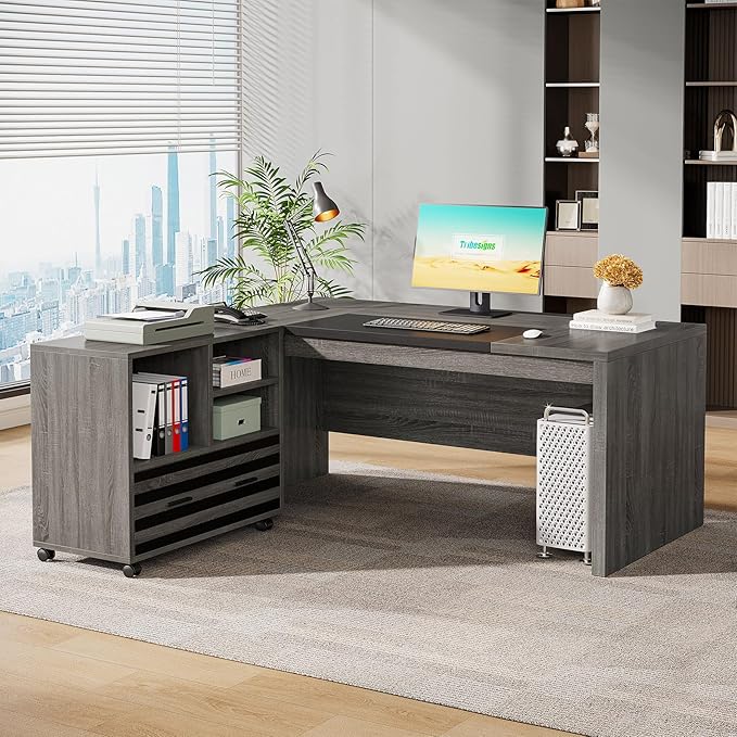 Tribesigns 62.2" Executive Desk with Mobile File Cabinet, L-Shaped Office Desk with Storage Shelves, Large Computer Table Business Workstation Set for Home Office, Grey