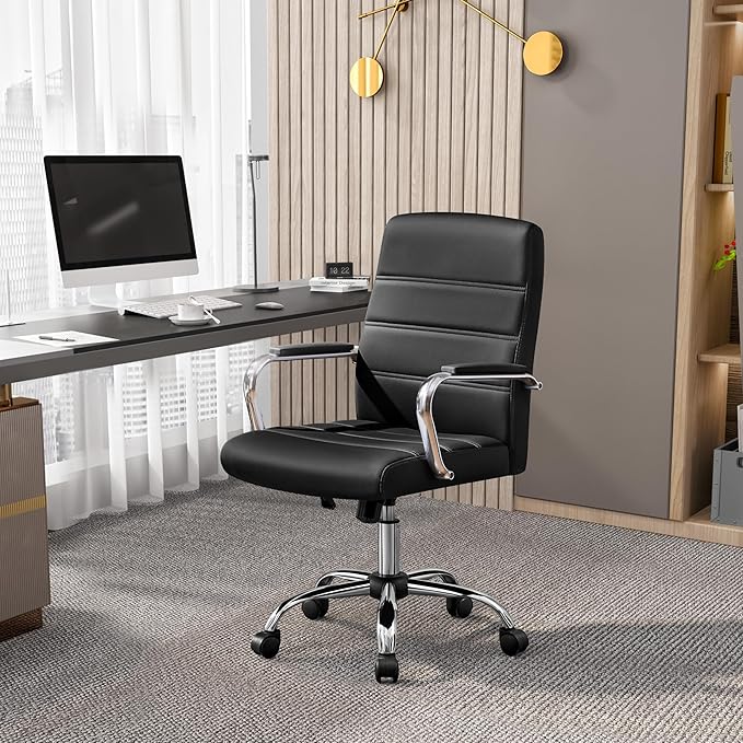 Yaheetech Managerial Executive Chairs Office Task Chair Mid-Back PU Leather Ergonomic Computer Desk Chair w/Lumbar Support Swivel Wheels Thick Padding Seat for Home Office, Black
