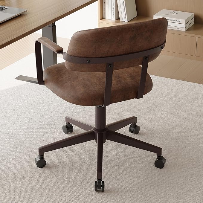 BFZ Mid Century Retro Home Office Desk Chair with Back, Faux Leather Adjustable Height Rolling Swivel Computer Task Armrests Chair for Home Office, Brown