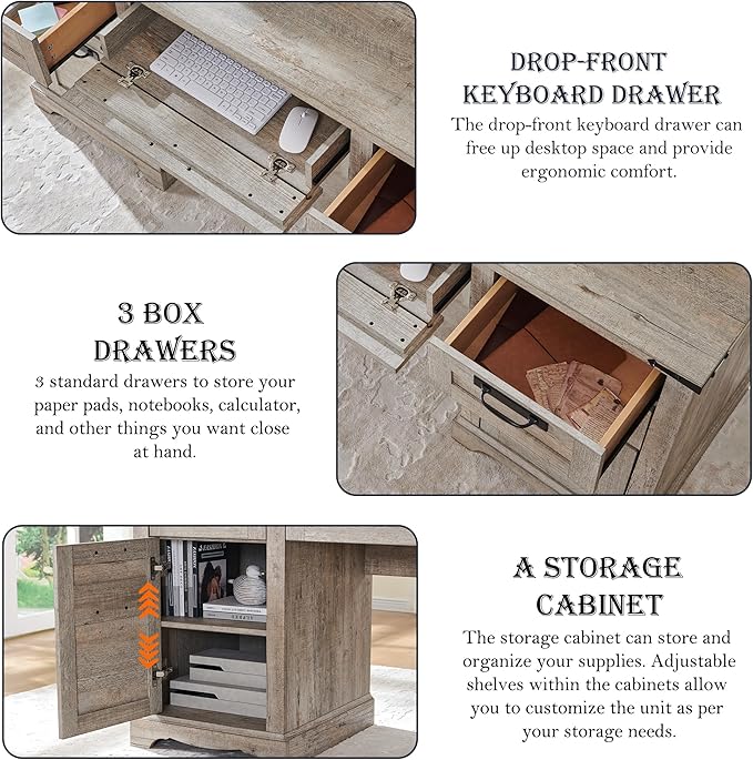 RedLemon 60" Farmhouse Desk with Hutch, Wood Home Office Executive Desk with Drawer, Charging Station, Keyboard Tray, File Drawer, Storage Cabinet, Rustic Writing Computer Desk (Light Rustic Oak)