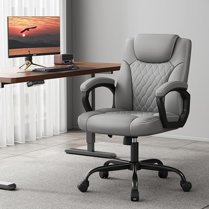 Misolant Office Chair, Executive Desk Chair, PU Leather Comfortable Ergonomic Chairs with Fixed Armrest, Adjustable Height, Rocking Function, 360° Swivel Wheels, Gray