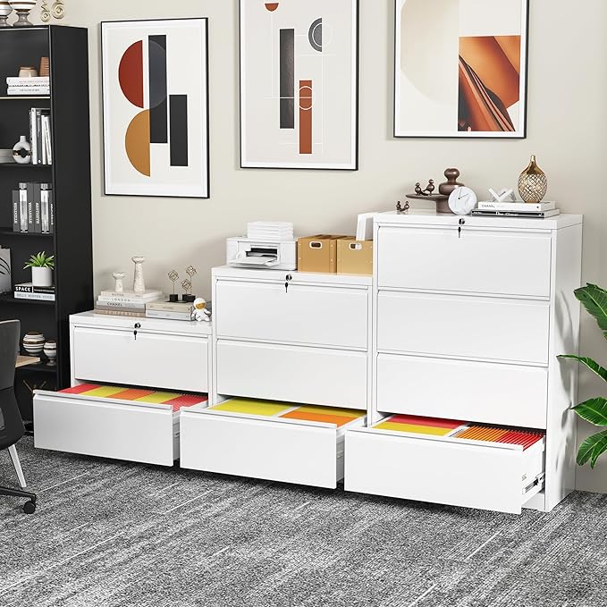 INTERGREAT 4 Drawer Lateral File Cabinet,White Lateral Filing Cabinet with Lock, Metal Steel Horizontal File Cabinets for Home Office, Easy Assembled