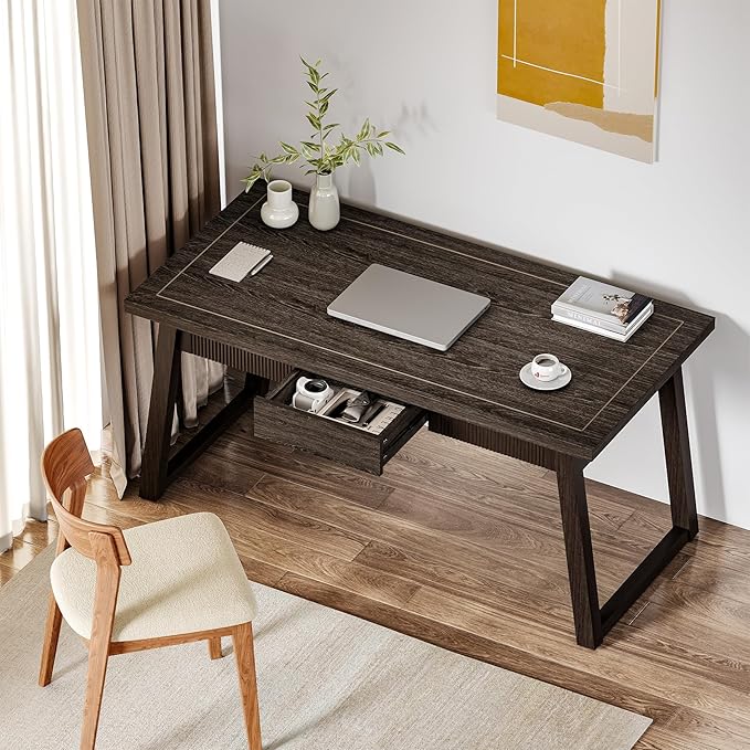 LITTLE TREE 55-Inch Home Office Desk with Drawer, Modern Minimalist Style Wooden Simple Study Writing Table, Mid-Century Log Executive Desk, Computer Desk, PC Laptop Desk Workstation, Dark Brown