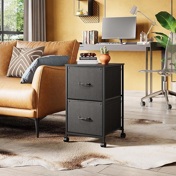 DEVAISE 2 Drawer Mobile File Cabinet, Rolling Printer Stand, Fabric Vertical Filing Cabinet fits A4 or Letter Size for Home Office, Black