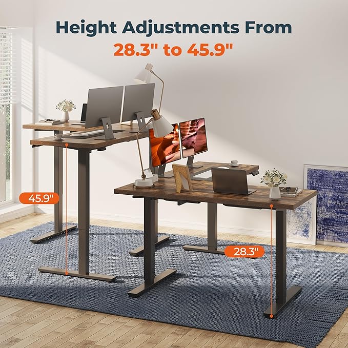 L-Shaped Standing Desk, 63 x 47 Inches Height Adjustable Desk with Storage, Sit and Stand up Desks, Ergonomic Rising Computer Table for Home Office with Splice Board, Rustic Brown