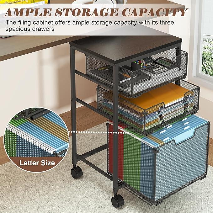 Rolling File Cart with 3 Drawers, Mobile Filing Cabinet for Home Office, Under Desk Storage Organizer with Wheels, Hanging Folder Holder Utility Cart Printer Stand, Black