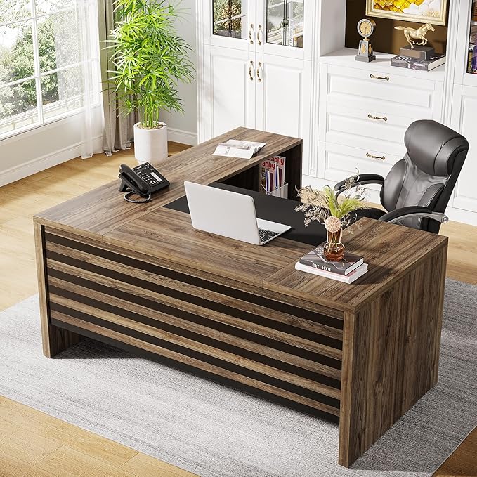 Tribesigns 62.2" Executive Desk with Mobile File Cabinet, L-Shaped Office Desk with Storage Shelves, Large Computer Desk Business Workstation Set for Home Office, Light Brown