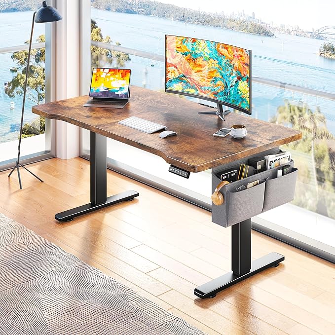 EnHomee 48 Inch Electric Standing Desk, 3 Adjustable Height Stand up Desk for Home Office, Height Adjustable Desks with Detachable Side Mount Pocket, Headphone Hook, Light Strip, Computer Desk, Brown