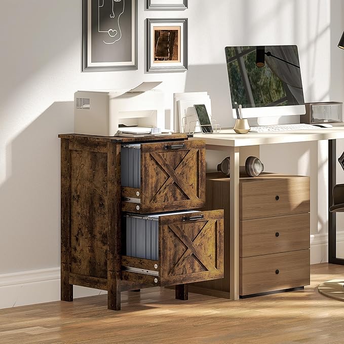 HOMCOM 2 Drawer Vertical File Cabinet with Silent Slides, Rustic Farmhouse Filing Cabinet with Barn Doors for A4/Letter Size, Printer Stand with Storage for Home Office, Rustic Brown