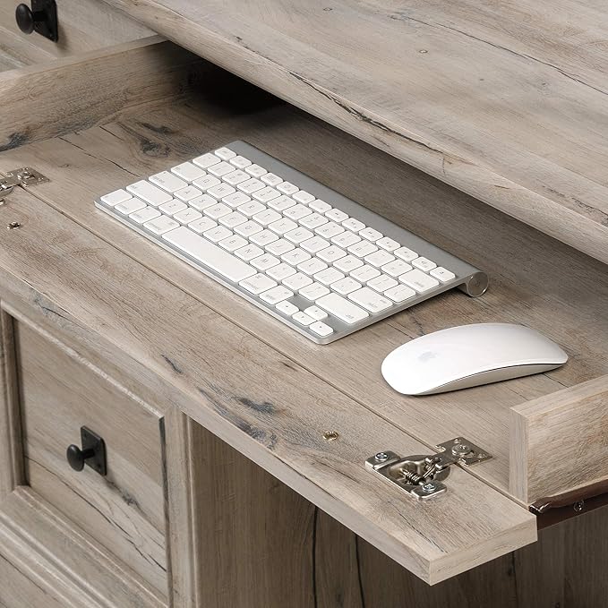 Sauder Palladia Office Desk with Drawers, Executive Desk with File Cabinet Storage, Cable Management, Keyboard Tray, in Split Oak Finish