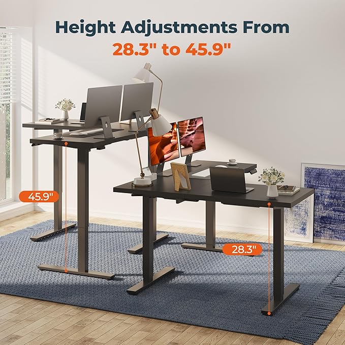 L-Shaped Standing Desk, 63 x 47 Inches Height Adjustable Desk with Storage, Sit and Stand up for Work Office Home, Ergonomic Rising Computer Table for Home Office with Splice Board, Black